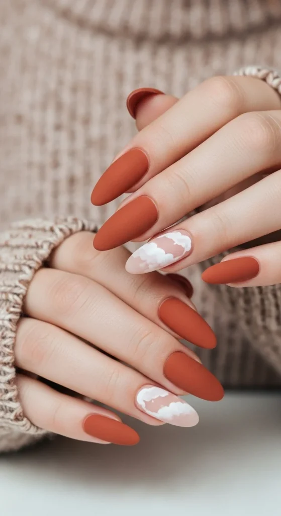 25 Fall Matte Nails 2026 | Trendy Autumn Colors & Velvet Chic Ideas 2 Terracotta matte nails with cloudy white accents.