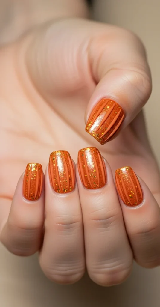 Textured pumpkin nails with raised lines and glitter.