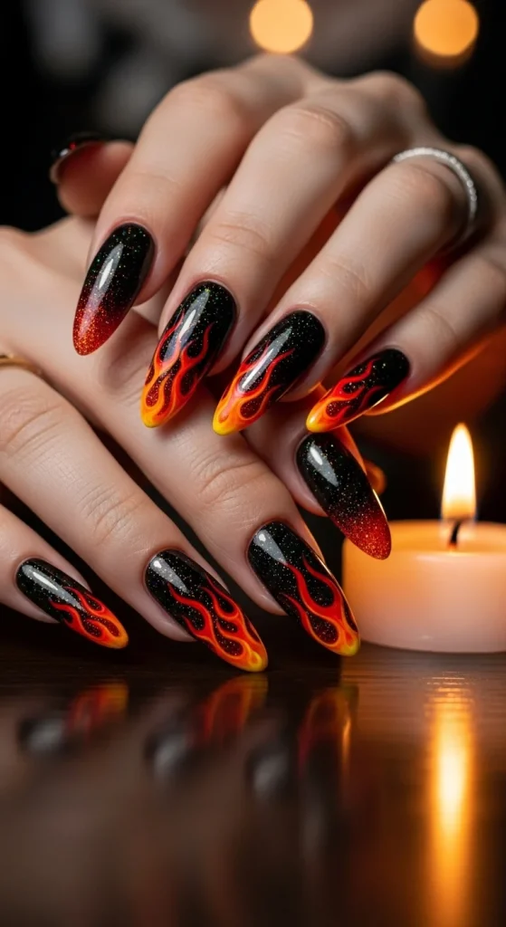 Thermal flame nails — black-to-ember shifting base with flame motifs and sparkle.