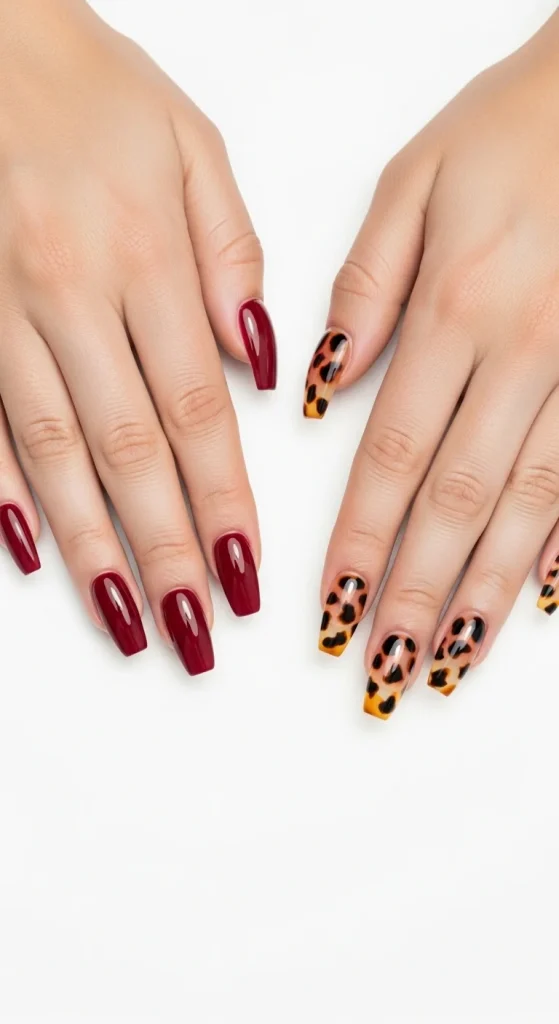 Burgundy and tortoiseshell nails styled as two-tone fall manicure