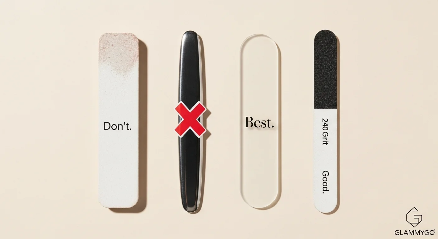 Beginner’s Guide: How to File & Shape Nails Safely (2026 Edition) 2 Glass, emery and professional nail files laid out side by side to compare grit and surface