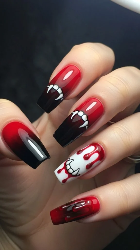 Red ombré coffin nails with vampire bite marks and blood drip accents.
