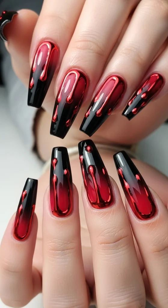 Coffin nails with black center fading into crimson aura edges, red blood drips at cuticles