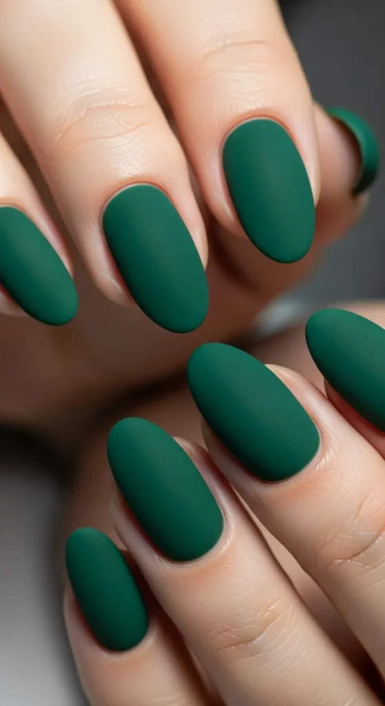 Oval nails in matte velvet forest green.