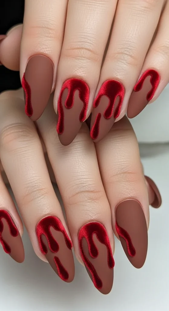 Almond nails with matte mocha base, velvet maple-red dripping accents flowing downward.