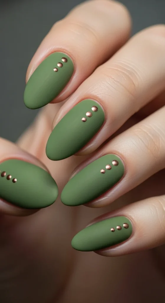 25 Fall Matte Nails 2026 | Trendy Autumn Colors & Velvet Chic Ideas 3 Olive matte nails with bronze dotted details.