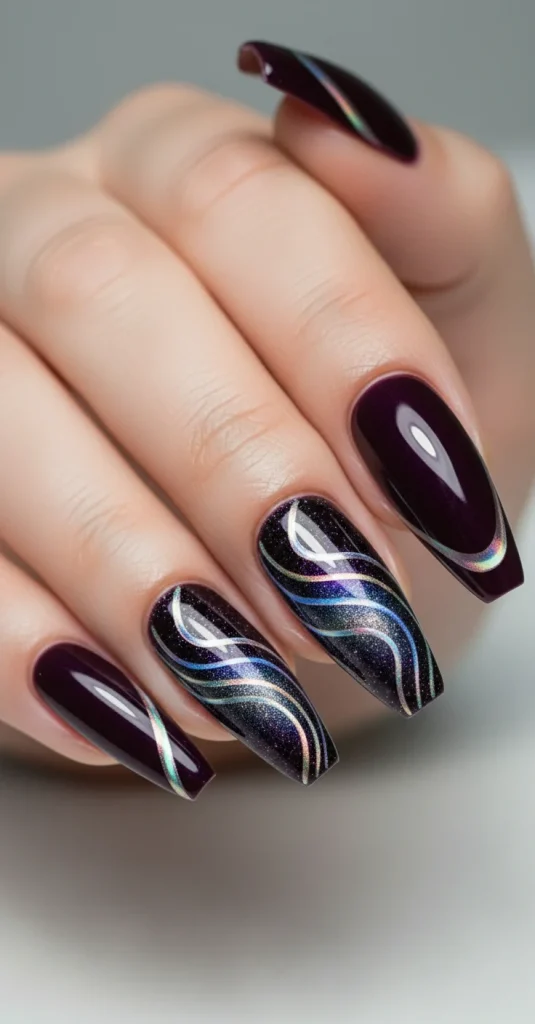 20 Chic September Nail Designs for 2026 That Capture Fall’s First Glow 8 Velvet plum cat-eye nails with glowing effect.