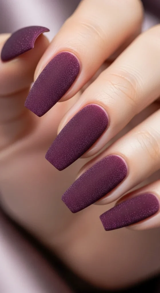 Coffin nails with matte plum velvet finish.