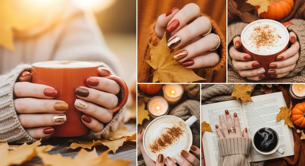 Warm Fall Nail Designs 2026: Earth Tone Manicure Ideas You’ll Love 38 Warm fall nail designs 2025 featuring cozy earth tones like caramel, terracotta, mocha, cinnamon, rust, and copper. Styles include ombre, matte, metallic, latte-inspired gradients, and French tips. Nails styled with autumn leaves, pumpkins, cozy sweaters, candles, and pumpkin spice lattes for a seasonal autumn vibe.”