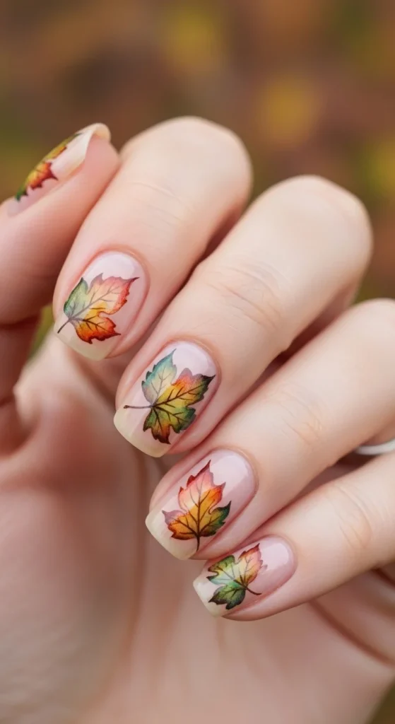 Soft watercolor pumpkin nails with autumn leaf details.