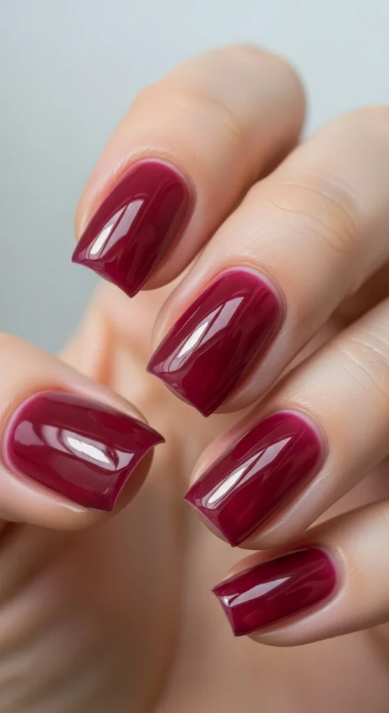 Short square nails in translucent wine red.