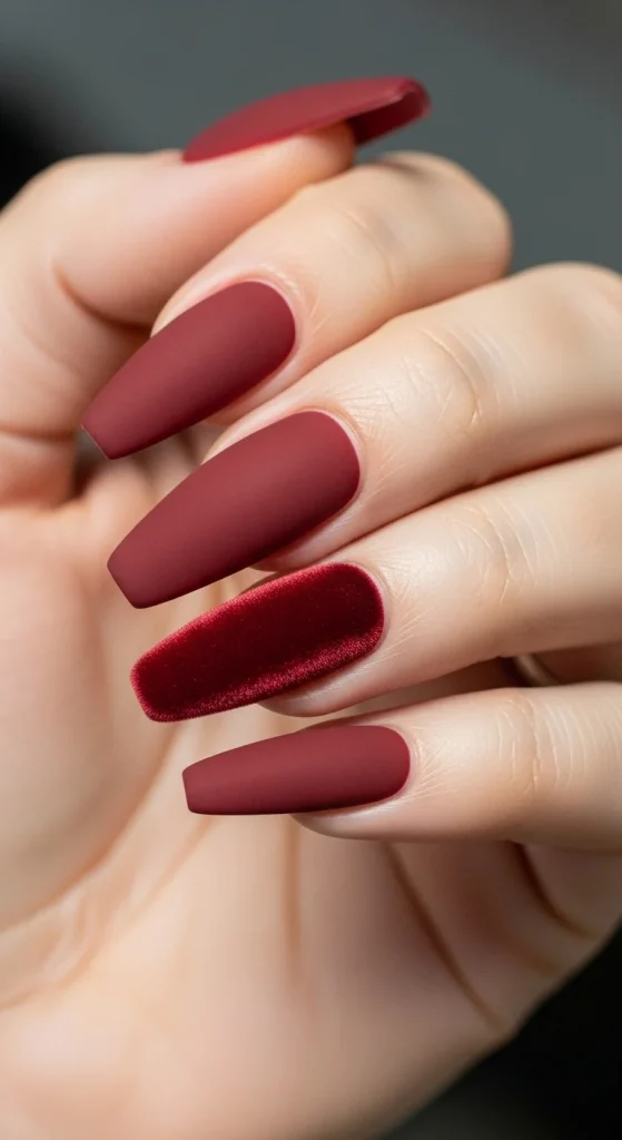 25 Fall Matte Nails 2026 | Trendy Autumn Colors & Velvet Chic Ideas 6 Long coffin matte wine nails with velvet textured accent nail