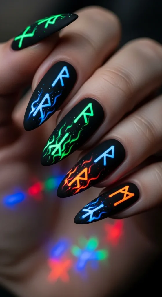 Matte black nails with glowing neon rune symbols painted across