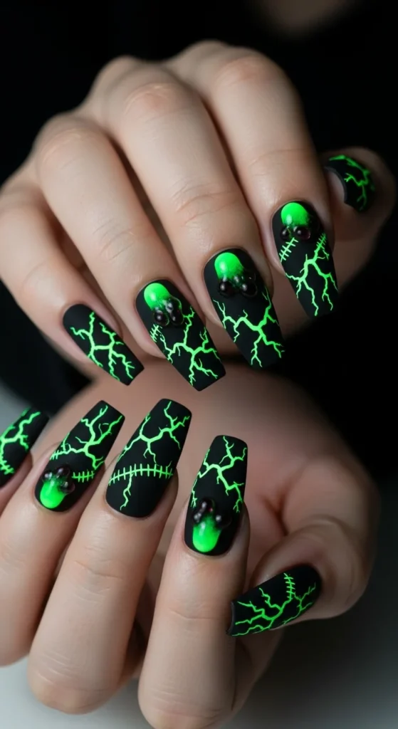 Black coffin nails with neon green zombie-inspired cracked glow details.