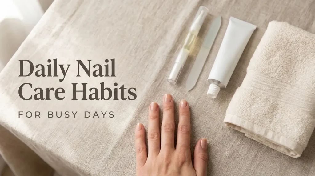 Flat lay of a cuticle oil pen, glass nail file, hand cream and folded towel beside a hand with short sheer nude nails on linen