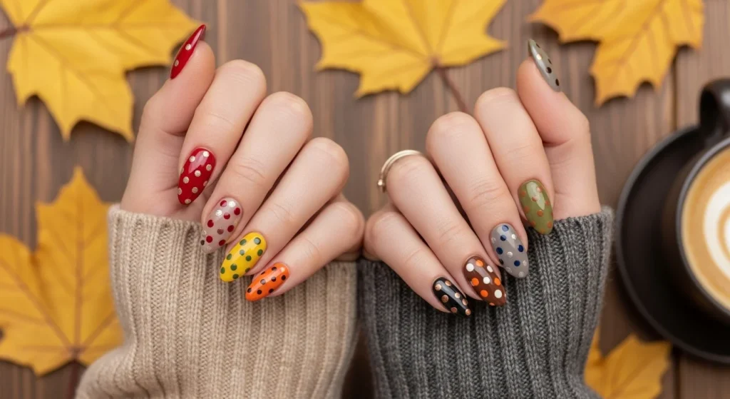 Two hands with different trendy fall polka dot nails designs 2025, featuring warm tones like cinnamon, cranberry, mustard, and pumpkin on one hand, and cooler tones like taupe, espresso, black plum, and olive on the other.