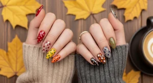 Two hands with different trendy fall polka dot nails designs 2025, featuring warm tones like cinnamon, cranberry, mustard, and pumpkin on one hand, and cooler tones like taupe, espresso, black plum, and olive on the other.