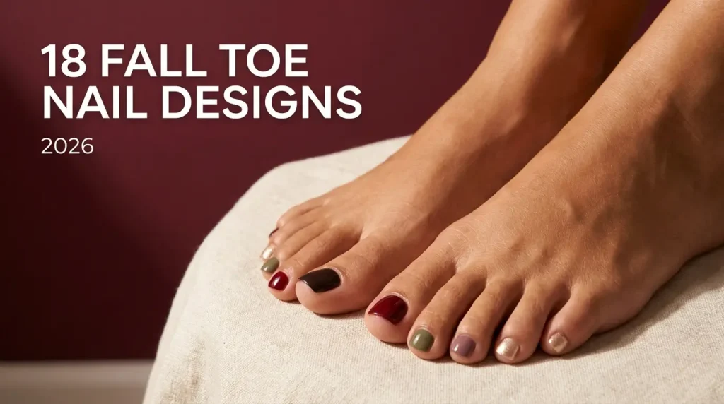 Fall toe nail designs 2026 cover, glossy toenails in espresso, cherry red, olive, mauve and gold against a deep burgundy wall
