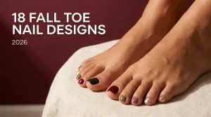 Fall toe nail designs 2026 cover, glossy toenails in espresso, cherry red, olive, mauve and gold against a deep burgundy wall