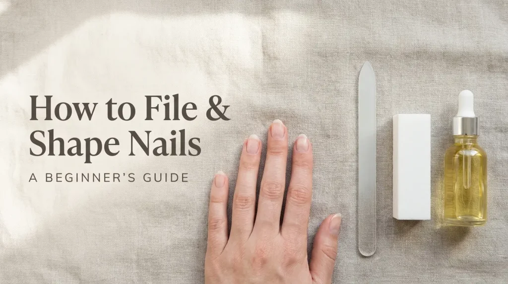 Glass nail file, white buffer and cuticle oil on linen beside a hand with short natural oval nails