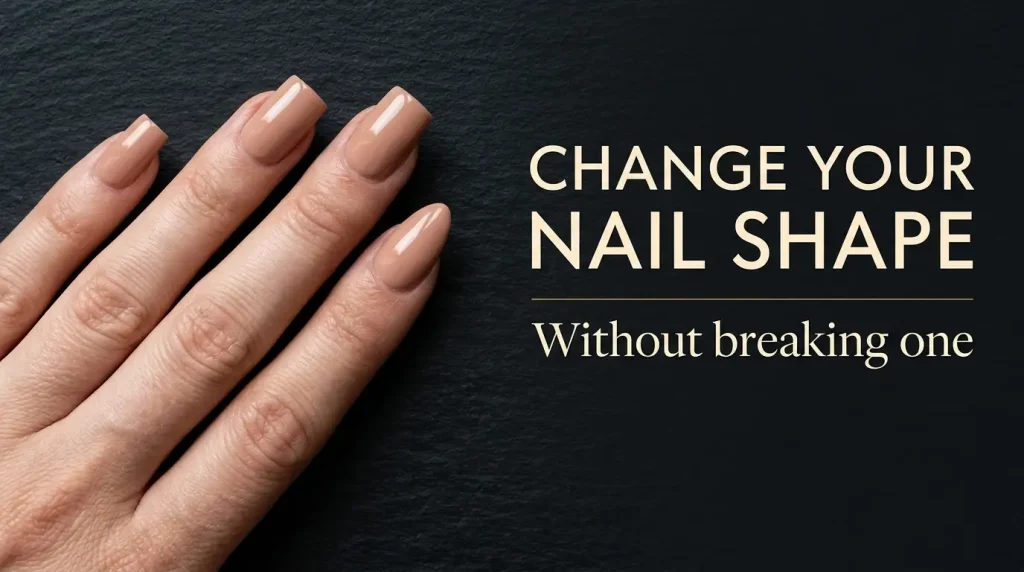 Change your nail shape cover graphic — a hand with two square nails and two almond nails in warm nude on dark slate