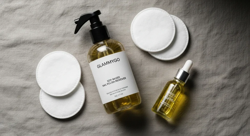 Best Non-Toxic Nail Products for Healthy Nails in 2026 5 Overhead flat-lay of soy-based remover bottle with GLAMMYGO label, cotton pads and jojoba oil dropper on neutral linen fabric. Cozy Pinterest vibe.