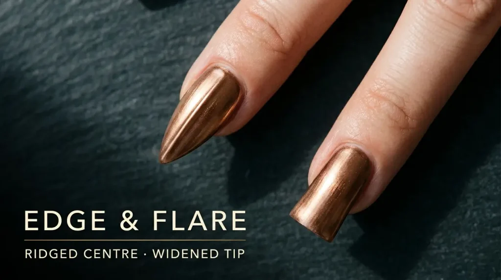 Macro of edge and flare nails in metallic bronze on dark slate, labelled Edge & Flare — ridged centre, widened tip