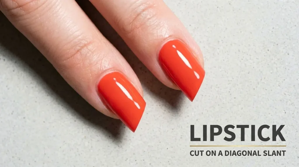 Macro of lipstick-shaped nails in bright poppy red on pale concrete, labelled Lipstick — cut on a diagonal slant