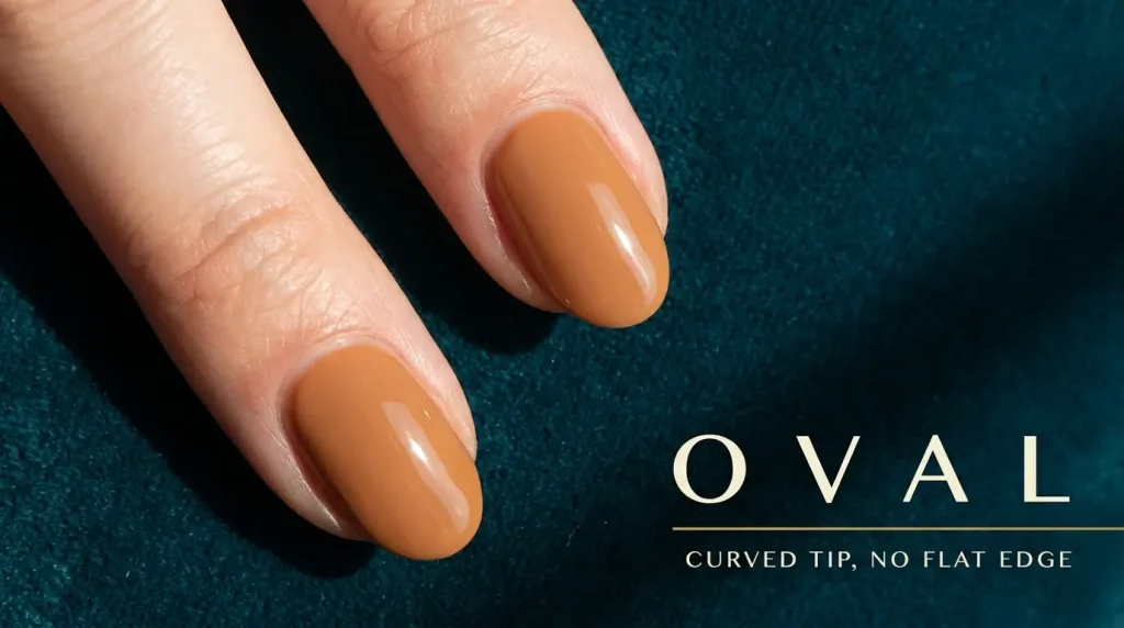 Macro of oval nails in warm caramel on teal velvet, labelled Oval — curved tip, no flat edge