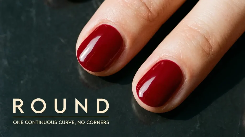Macro of short round nails in deep cherry red on dark stone, labelled Round — one continuous curve, no corners
