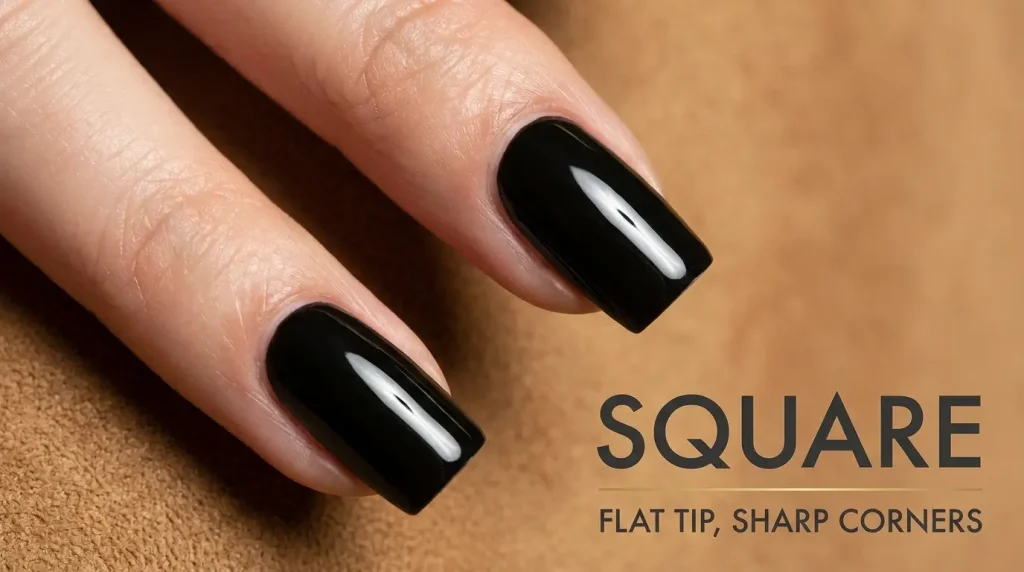 Macro of medium square nails in glossy black on camel suede, labelled Square — flat tip, sharp corners