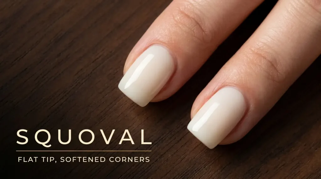 Macro of medium squoval nails in milky white on dark walnut, labelled Squoval — flat tip, softened corners