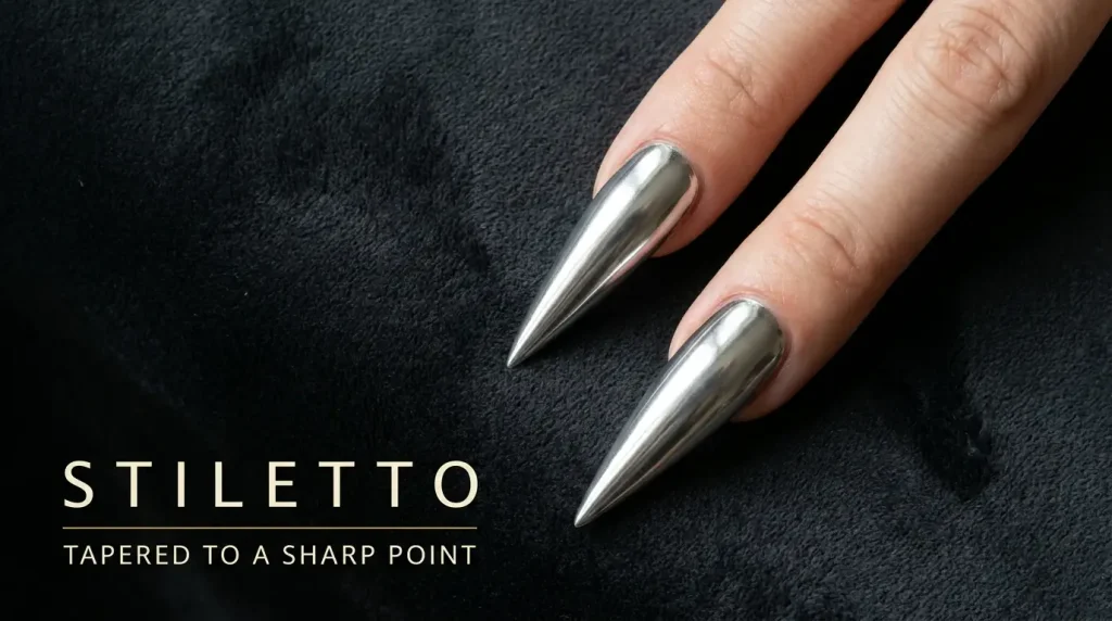 Macro of long stiletto nails in chrome silver on charcoal velvet, labelled Stiletto — tapered to a sharp point