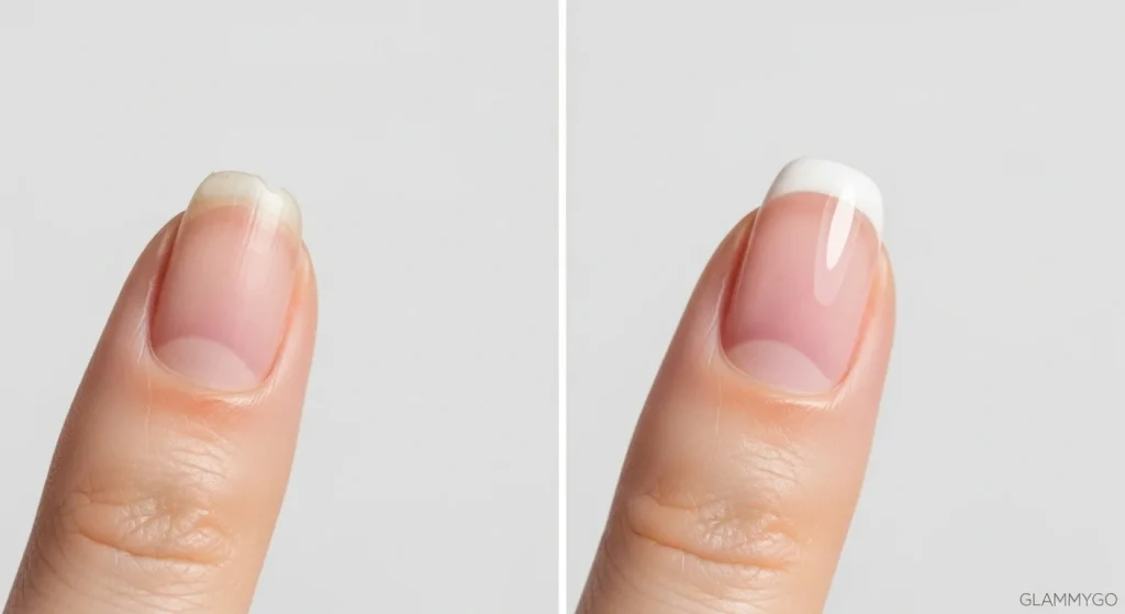 Best Non-Toxic Nail Products for Healthy Nails in 2026 4 Side-by-side close-up: left nail with brittle peeling edge, right nail smooth and shiny after applying non-toxic strengthener. Minimal clean background, GLAMMYGO watermark.