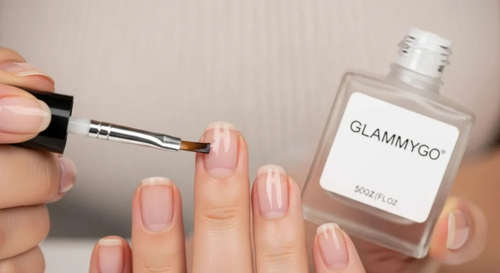 Clean Ingredients: Safest Nail Strengtheners to Use in 2026 3 A realistic close-up shot of a hand applying clear nail strengthener with a brush, bottle labeled “GLAMMYGO.” Nails are short and natural, cuticles hydrated. Soft neutral background, lifestyle editorial style.