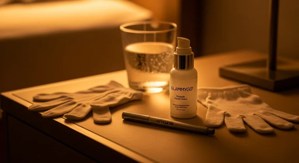 A cozy nighttime routine scene: a bedside table with a cuticle oil pen, a small hand cream labeled “GLAMMYGO,” cotton gloves folded neatly, and a glass of water. Warm golden lighting, spa-like calm mood.