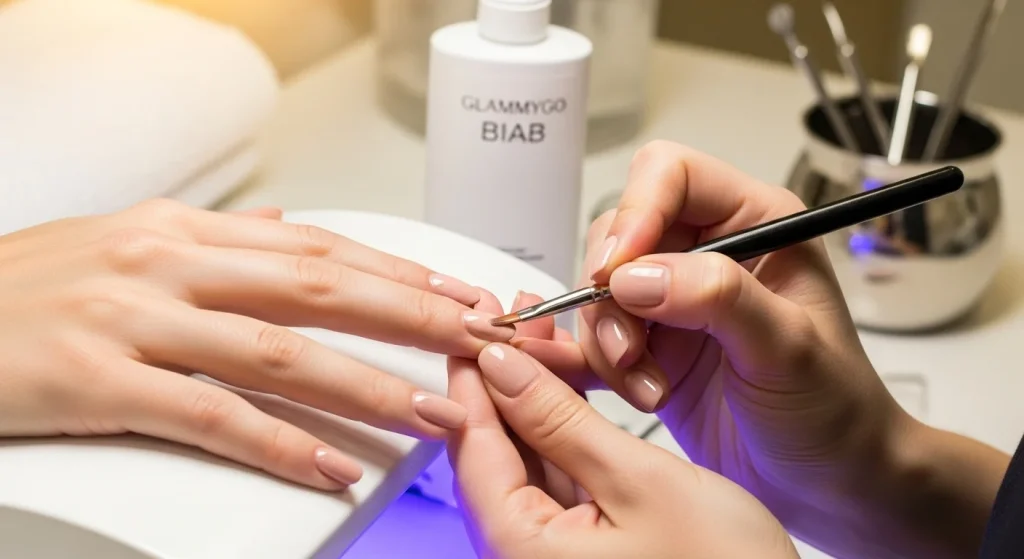 Builder Gel & BIAB Nails: Are They Secret to Stronger Nails? 3 A macro shot of a nail technician applying BIAB in soft nude shade onto natural nails, curing under a UV lamp.