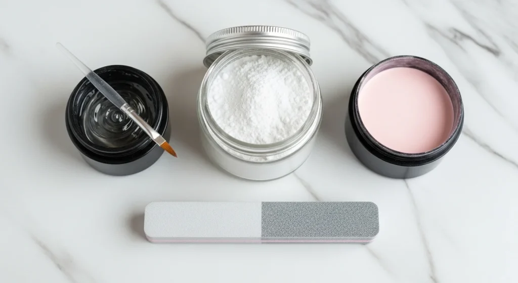 What Is a Full Set of Nails? Process, Cost & What to Expect (2026 Guide) 2 What Is a Full Set of Nails. Acrylic, gel, and dip powder nail products displayed for full set comparison.