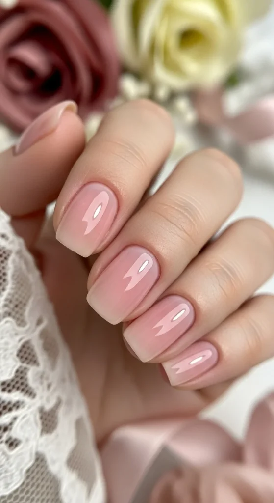 Soft blush pink ballet nails with glossy finish, elegant nail trend 2026.