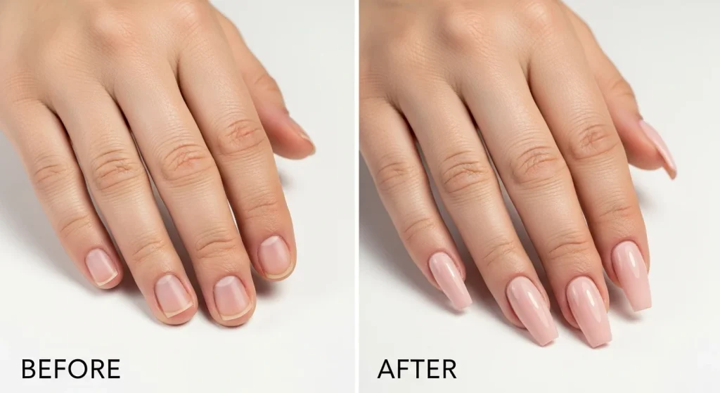 Before and after comparison of nails: natural vs acrylic full set