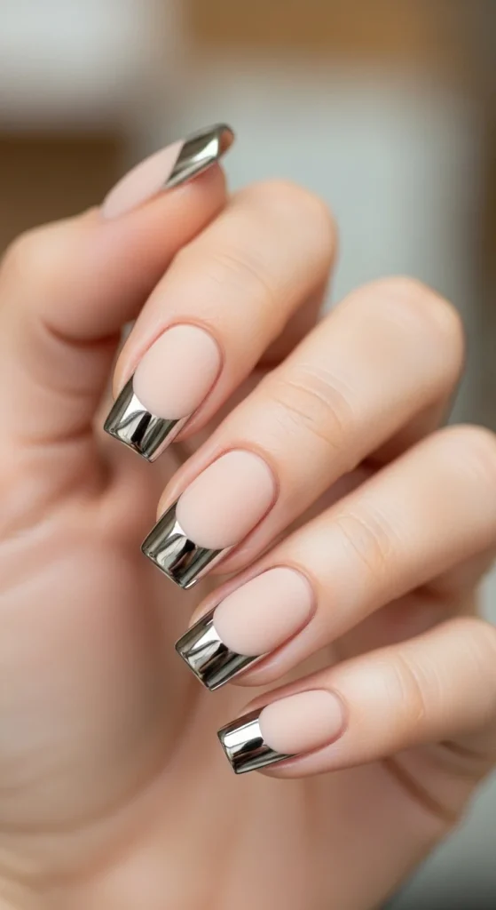Neutral Holiday Nails 2025: 21 Elegant & Festive Nude Nail Designs 20 Beige reverse French nails with chrome tips.