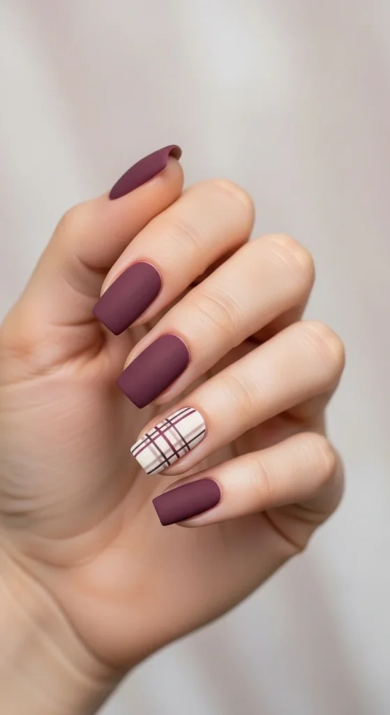 Plaid Nails with Cozy Sweater Texture: Holiday Nail Designs 2025 22 Matte berry-plum nails with cream plaid accent