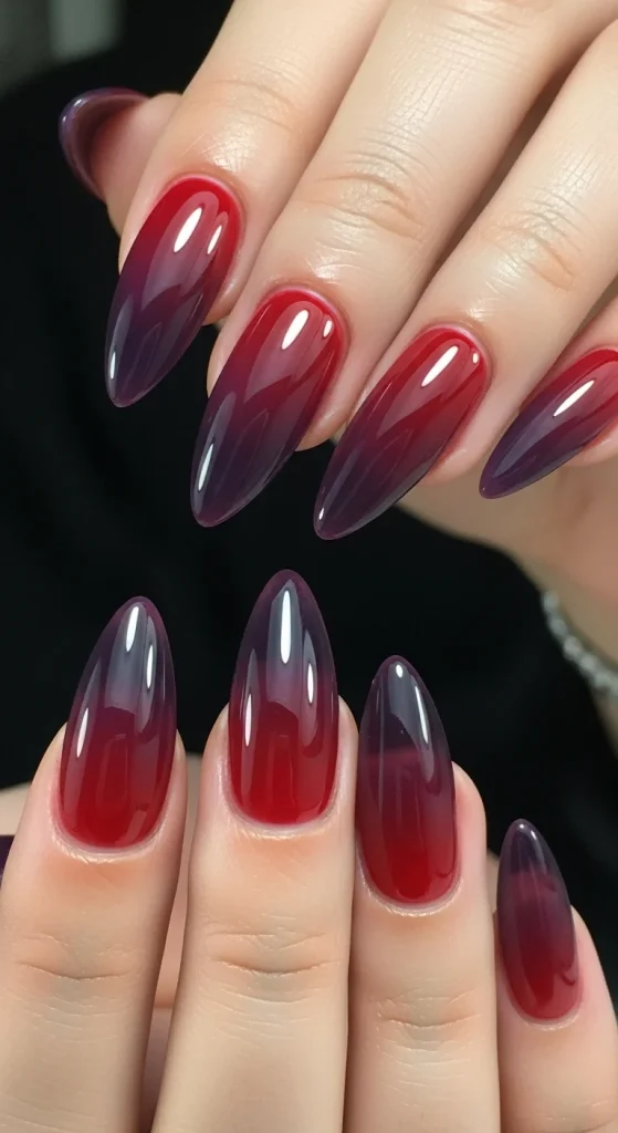Jelly nails in translucent red and purple.