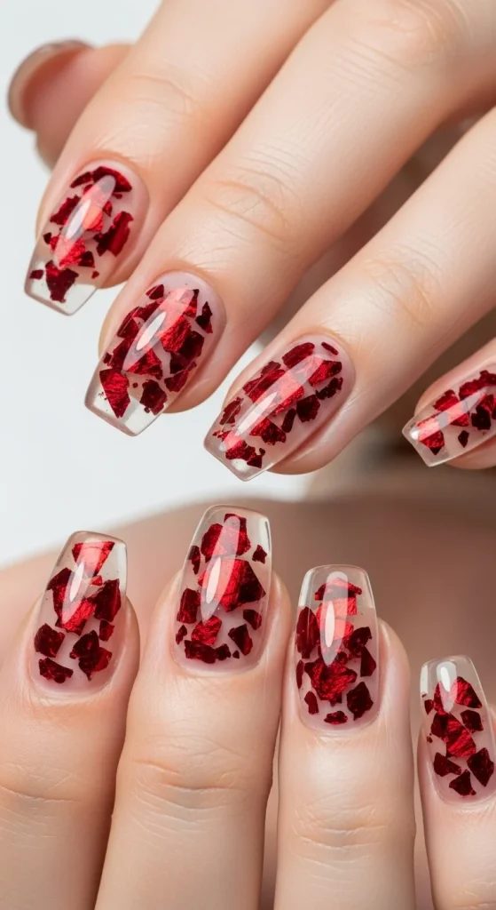 Blood Quartz Crystals Halloween nails with red crystal-like foil accents.