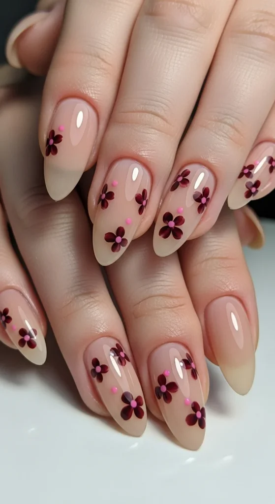 15 Red Nail Designs 2026: Cherry, Dark & Trendy Ideas You’ll Love 5 Glossy dark cherry red nails decorated with soft floral art, blending elegance with seasonal charm.