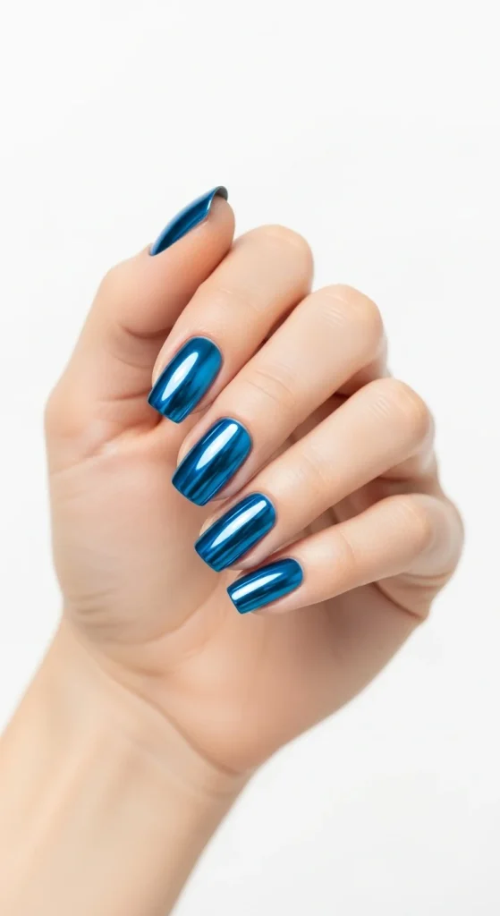 Blue chrome nails with metallic shine for winter 2025 parties.