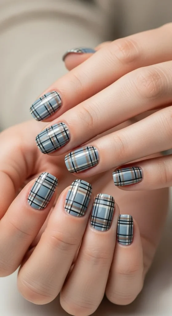 Blue plaid gel nails with beige lines for a cozy flannel-inspired look.