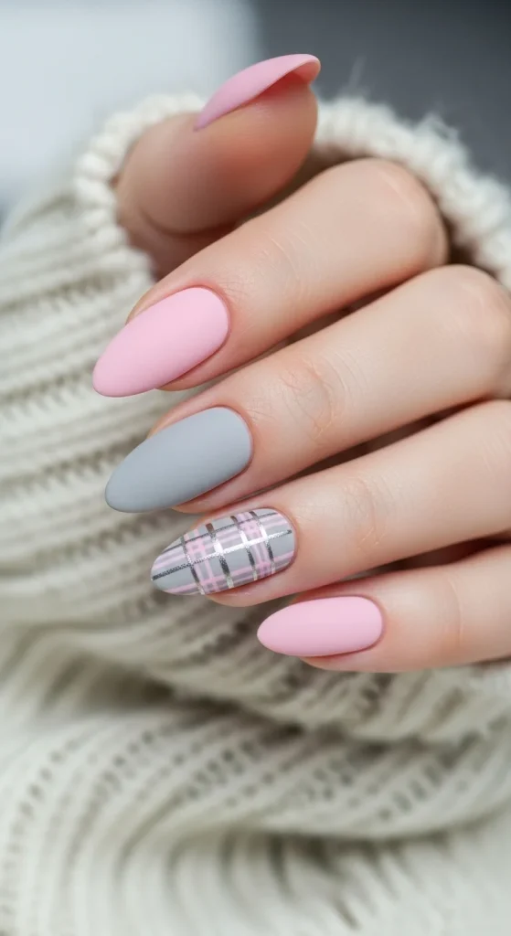 Plaid Nails with Cozy Sweater Texture: Holiday Nail Designs 2025 11 Pastel pink nails with gray plaid accent.
