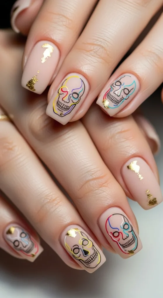 Minimal skeleton art nails with gold details.