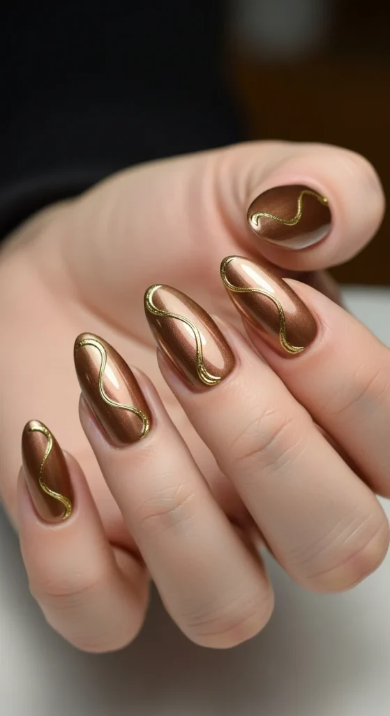 bronze metallic nails with gold swirl accents